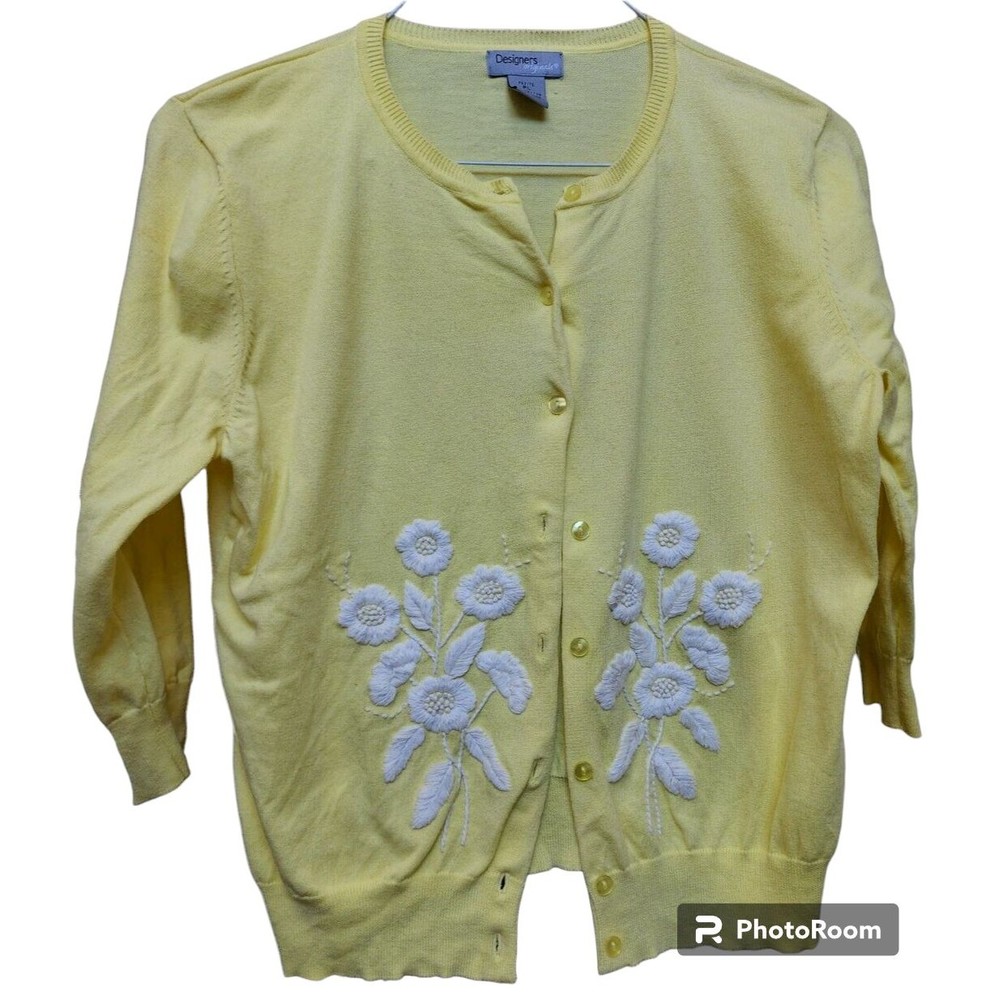 Designers Originals Vintage Embroidered Cardigan Yellow Petite Size Large